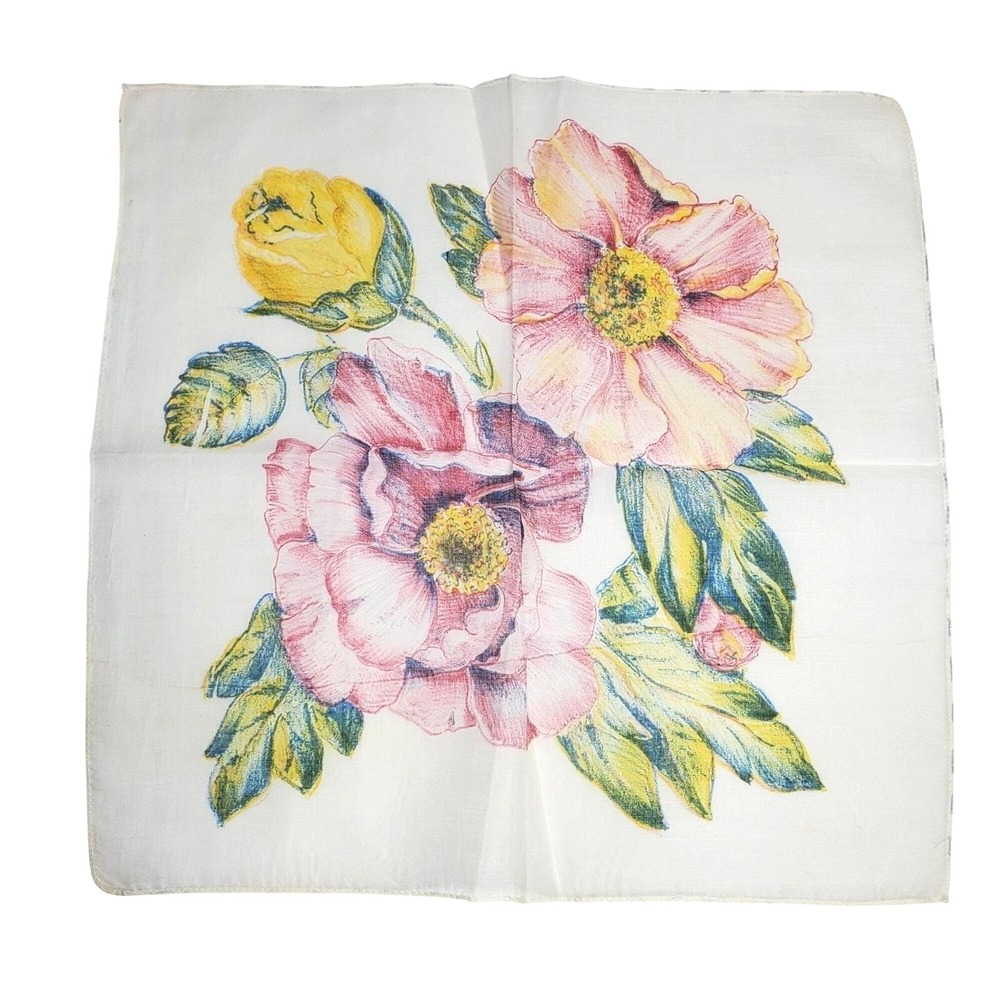 Vintage Floral Print Handkerchief 13"‎ Square Cotton Blend Pink Yellow Flowers - Picture 7 of 8